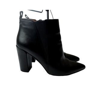 BCBGMaxAzria Black Booties Leather 4" Chunky Heel Pointed Toe Minimalist Size 8